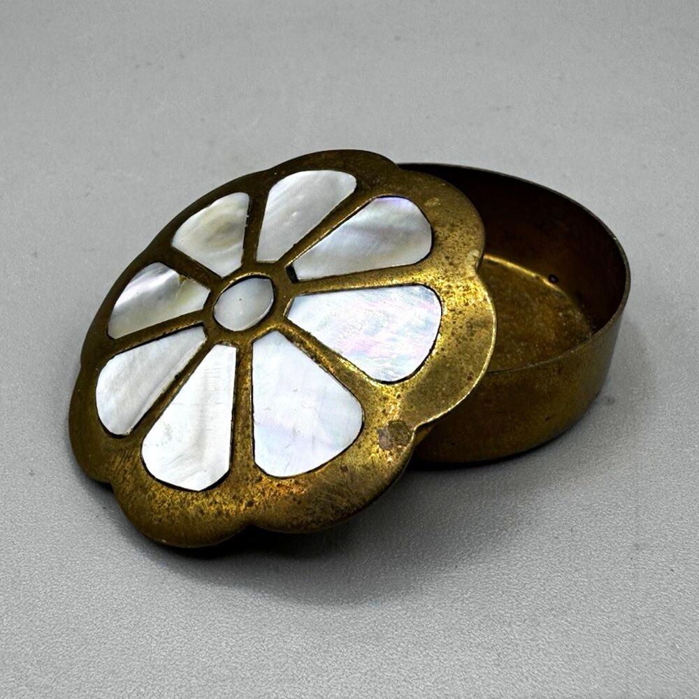 Small Brass Trinket Pill Ring Box Mother-of-Pearl Style Inlay Lid Vintage